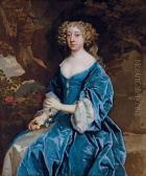 Portrait Of A Lady, 
Three-quarter-length, In A Blue Gown, Holding A Daisy Chain, In A 
Landscape Oil Painting by Sir Peter Lely