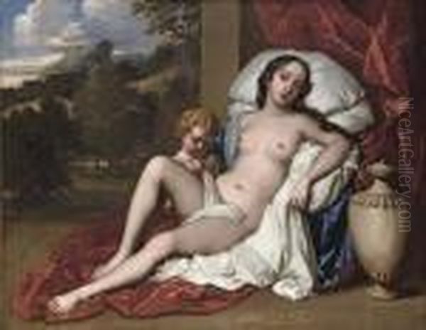 Portrait Of A Young Woman And 
Child, As Venus And Cupid, The Young Woman Almost Certainly Either 
Barbara Villiers, Countess Of Castlemaine, And Duchess Of Cleveland 
(1640-1709), Or Nell Gwyn (1650-1687), Full-length, Naked, Beside An 
Urn, A Landsc Oil Painting by Sir Peter Lely