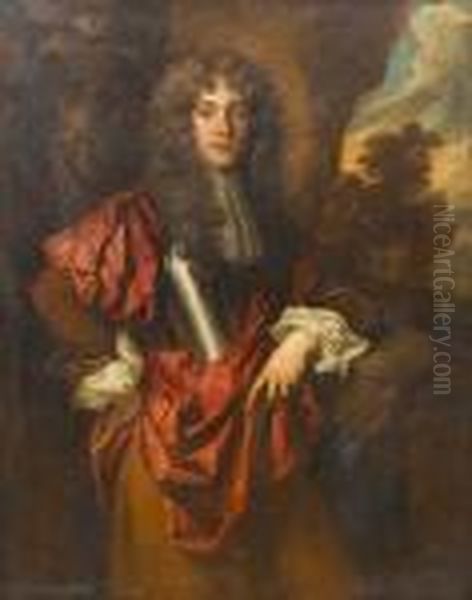 Portrait Of A Gentleman, 
Three-quarter-length, In A Breastplate With A White Lace Jabot And A Red
 Wrap, A Landscape Beyond Oil Painting by Sir Peter Lely