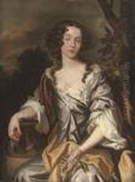 Portrait Of A Lady, Seated, 
Three-quarter-length, In An Oyster Satin Dress And Yellow Mantle, A 
Sprig Of Orange Blossom In Her Left Hand And An Orange In Her Right, By 
An Urn, In A Landscape Oil Painting by Sir Peter Lely