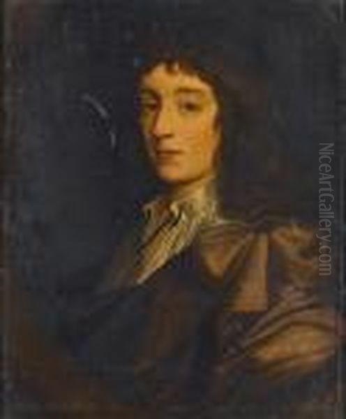 Portrait Of A Young Man 
Bust-length, In A Brown Wrap With A White Shirt, In A Painted Oval Oil Painting by Sir Peter Lely