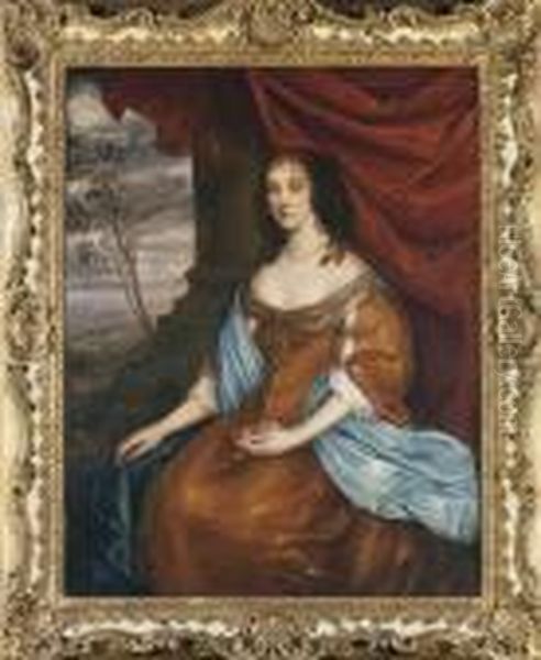 Portrait Of A Lady, Seated 
Three-quarter-length, In A Gold Dresswith A Blue Shawl, Before A Red 
Drape, In A Landscape Oil Painting by Sir Peter Lely