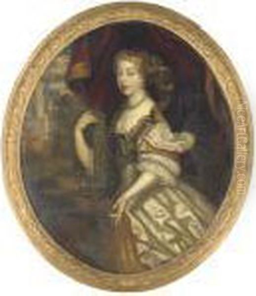Portrait Of A Lady, 
Three-quarter Length, In A White Silk Dress Andpearls, With A Red 
Curtain And Garden Beyond Oil Painting by Sir Peter Lely