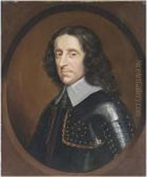 Of Sir Peter Lely A Portrait Of A
 Gentleman, Bust Length, Wearing Armour, In A Painted Oval Oil Painting by Sir Peter Lely