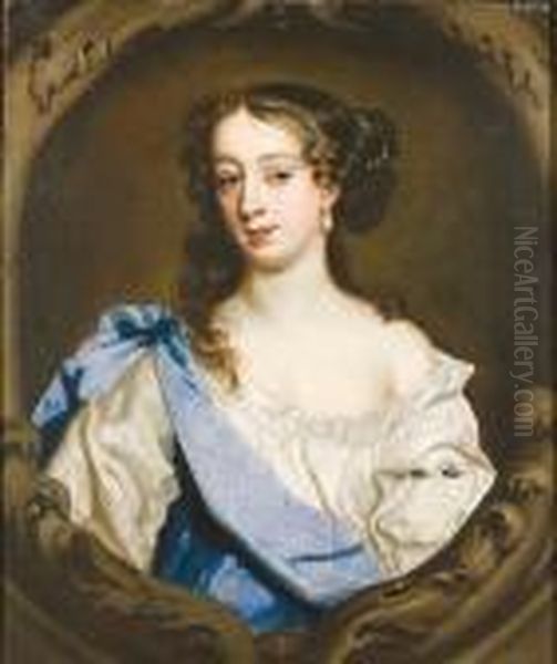 Portrait Of Barbara Villiers, 
Duchess Of Cleveland, Half-length, In A White Chemise And A Blue Wrap, 
In A Painted Cartouche Oil Painting by Sir Peter Lely