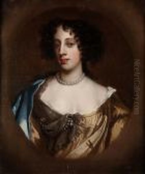 Portrait Of Barbara Villiers, 
Lady Castlemaine And Duchess Of Cleveland, Bust-length, In A Brown Silk 
Dress With A Blue Silk Shawl, In A Painted Oval Oil Painting by Sir Peter Lely