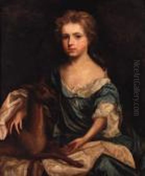 Portrait Of A Young Lady, Seated
 Three-quarter-length, In A Bluedress, With A Deer By Her Side Oil Painting by Sir Peter Lely