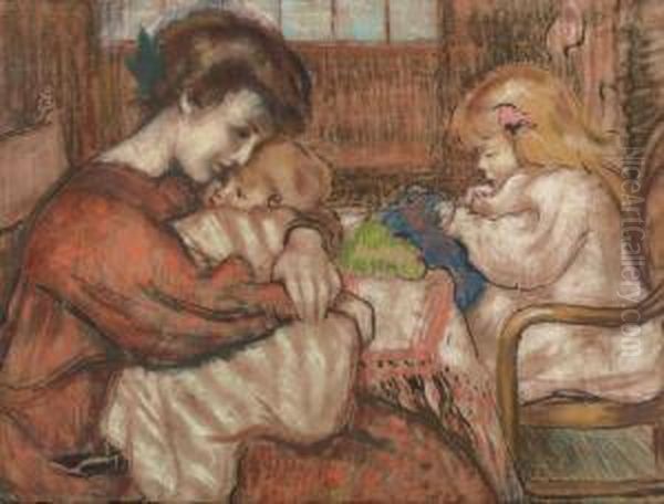 Jeune Femme Et L'enfant: The Artist's Wife With Their Daughter Lise Oil Painting by Georges Lemmen