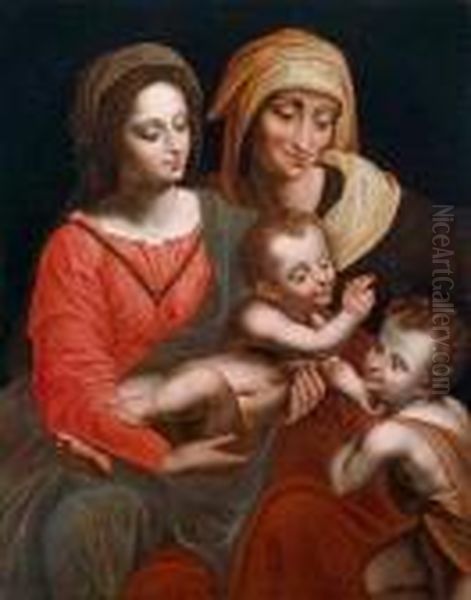 Anna Selbdritt Mit Dem Johannesknaben Oil Painting by Leonardo Da Vinci