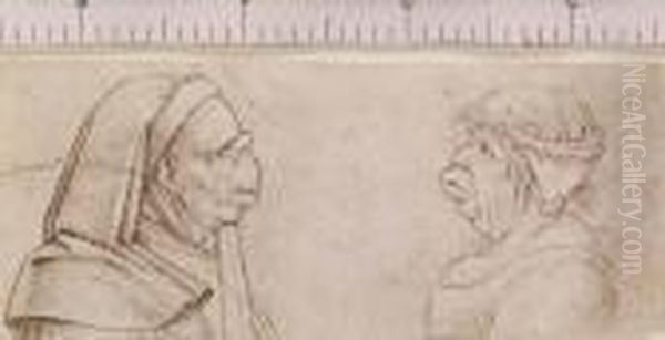 Caricatures Of An Old Man In 
Academic Dress, In Profile To Theright, And An Old Woman Wearing A Cap, 
In Profile To The Left Oil Painting by Leonardo Da Vinci