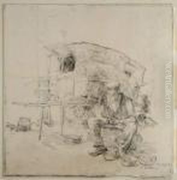 Eplucheur De Pommes De Terre Devant Une Roulotte Oil Painting by Auguste Lepere