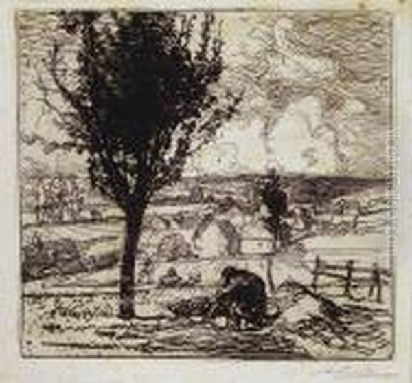 Vue De Jouy- Le- Moutier - Le Quartier Des Gobelins - Marchandes Au Panier. Oil Painting by Auguste Lepere