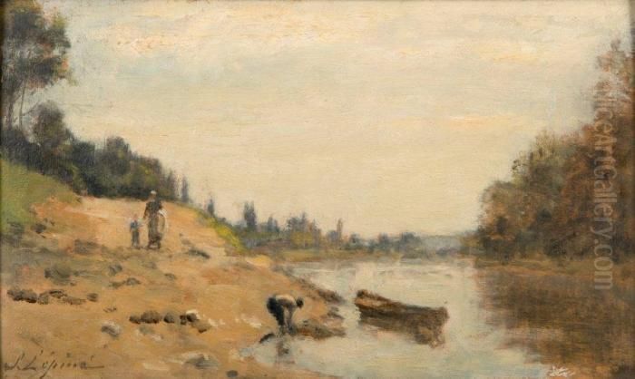 La Seine A Courbevoie Oil Painting by Stanislas Lepine