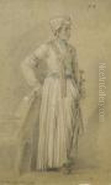 Portrait D'un Indien Coiffe D'un
 Turban Et Tenant Un Sabre, La Main Droite Appuyee Sur Un Fauteuil Oil Painting by Jean-Baptiste Le Prince