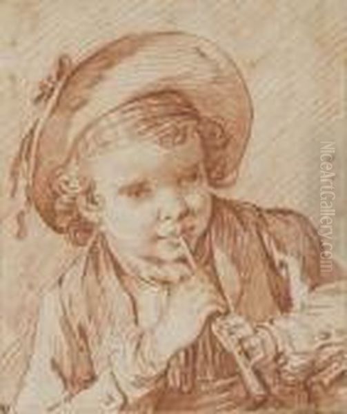 Jeune Garcon Portant Un Chapeau Et Jouant De La Flute Oil Painting by Jean-Baptiste Le Prince