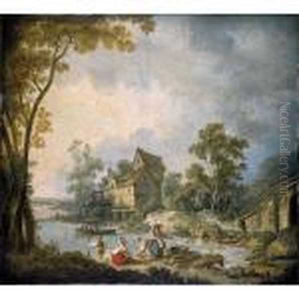 Mill Scene With Women Washing 
Clothes In A River A Boy Fishing Nearby Oil Painting by Jean-Baptiste Le Prince