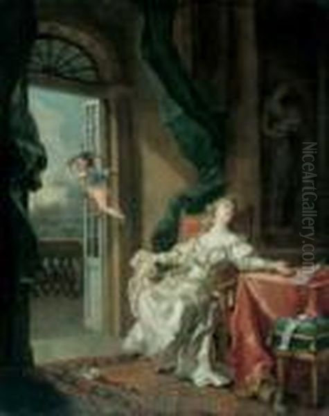 Zwei Amourose Szenen. 1. 
Interieur Mit Jungem Liebespaar Und Amor. 2. Interieur Mit Junger Frau, 
Die Einen Brief (abschiedsbrief?) Las, Und Sich Demaskierendem 
Wegfliegenden Amor. Oil Painting by Jean-Baptiste Le Prince