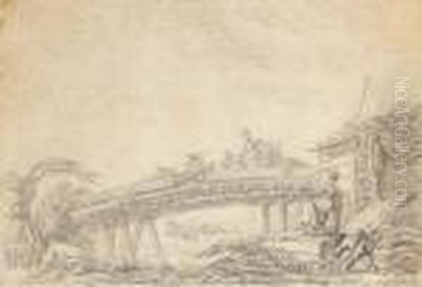 Des Personnages Assis Pres D'une
 Riviere, Un Pont En Pierre Aufond; Et Des Personnages Sur Un Pont En 
Bois, Avec Desfigures Oil Painting by Jean-Baptiste Le Prince