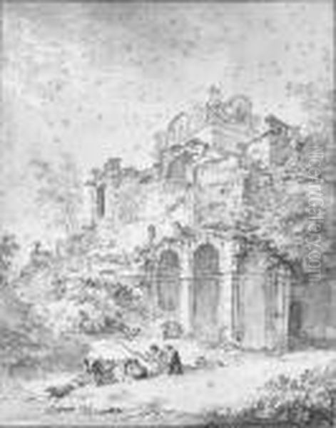 The Chateau De Sceaux Seen From 
Below, With The Ruins Of Anorangery And Herdsmen In The Foreground Oil Painting by Jean-Baptiste Le Prince