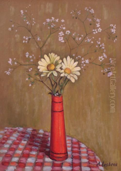 Deux Marguerites Jaunes Dans Vase Orange Oil Painting by Alfred Lesbros