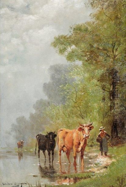 Vaches A La Riviere Oil Painting by Theodore Levigne