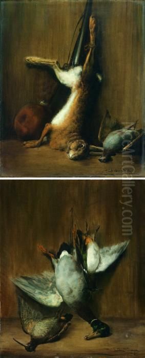 Trophee De Chasse Aux Col-vert, 
Vaneau Et Becasse Paire De Toiles, Sur Leur Toile D'origine Oil Painting by Theodore Levigne