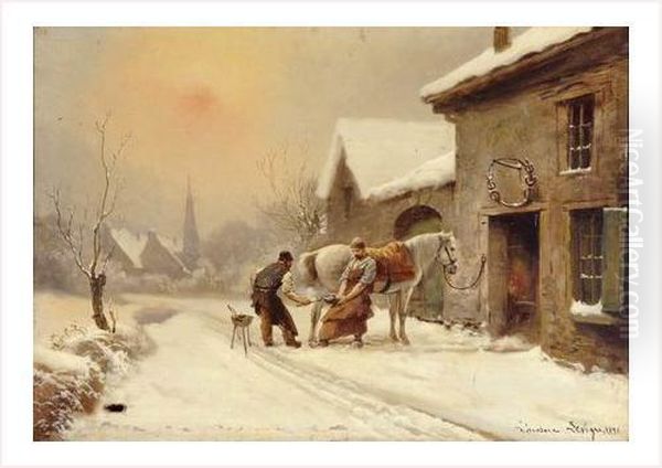 Le Marechal Ferrand Sous La Neige Oil Painting by Theodore Levigne