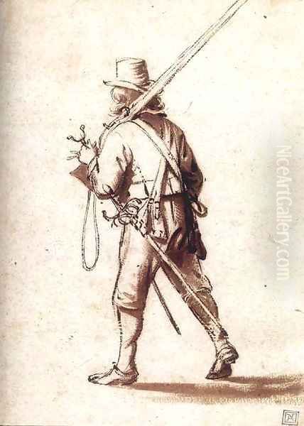 Walking Musketeer Seen from Behind Oil Painting by Anthonie Palamedesz