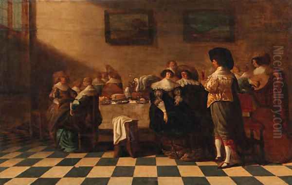 A servant offering a glass of wine to an elegant couple sitting by a table laden with pastries, other company nearby, in an interior Oil Painting by Anthonie Palamedesz