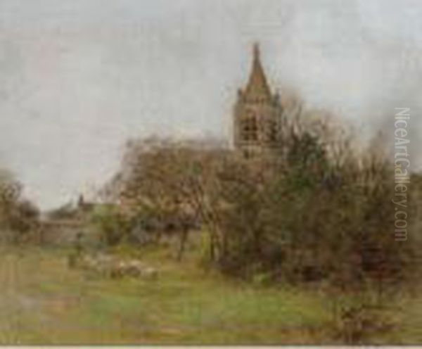 'le Clocher De Primelle' - A 
Shepherd And His Flock In The Surroundings Of 
Bourges Oil Painting by Leon Augustin Lhermitte