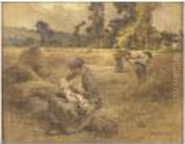 [leon - Augustin Lhermitte, 
Harvest, Mother Nursing, Pastel On Beige Paper, Signed; Old Number No. 
6823 And A Stamp Of The Gallery Gerard Freres] Oil Painting by Leon Augustin Lhermitte