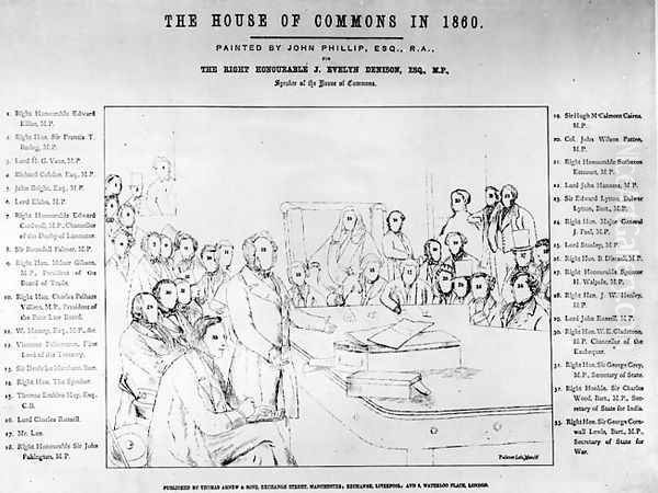 The House of Commons in 1860 Lord Palmerston Addressing the House during the Debate on the Treaty with France, plan of the portraits, engraved by Falkner, 1863 Oil Painting by John Phillip