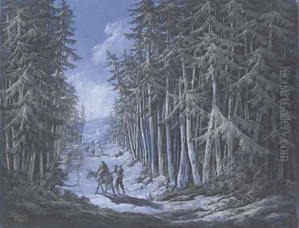 A winter scene with travellers in a wooded landscape Oil Painting by Jean-Baptiste Pillement