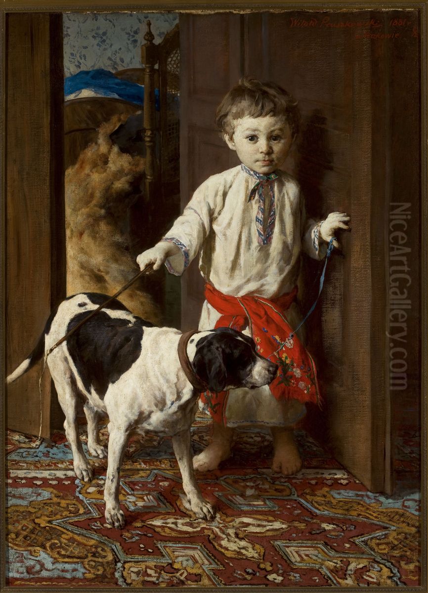 Artist's Son with a Dog Oil Painting by Witold Pruszkowski