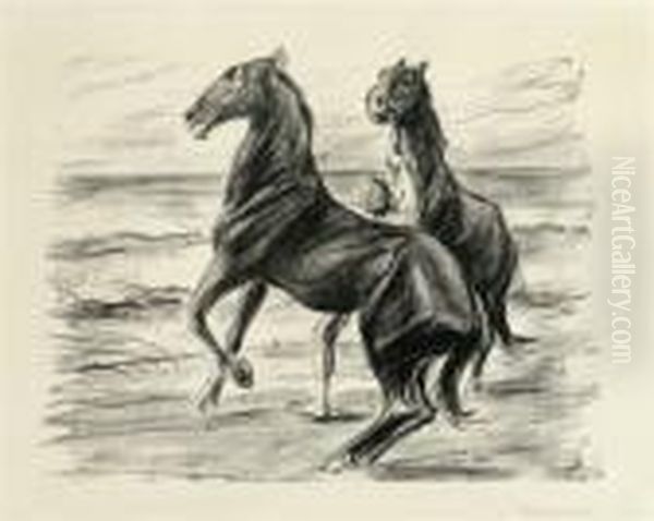 Steigende Pferde (horses Rearing) Oil Painting by Max Liebermann