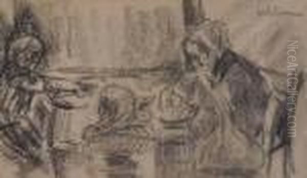 Pencil Sketch, 
Figures At A Table Oil Painting by Max Liebermann