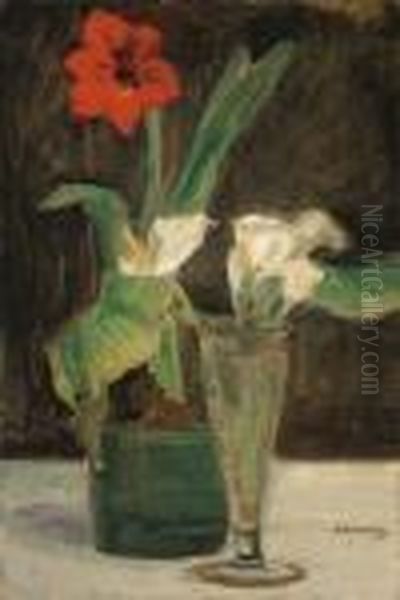 Blumenstuck - Amaryllis Und Calla In Glasvase Oil Painting by Max Liebermann