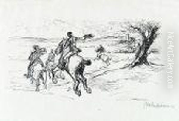 Vom Soller Winkende Frau / Der 
Ritt Uber Die Hochebene / Ausbruch Der Feuersbrunst Auf Dem Jahrmarkt / 
Die Verfolgung Des Tigers / Der Kniefall / Die Klagende 
Tierbudenbesitzerin Wirft Sich Uber Den Toten Tiger / Vorn Auf Einem 
Hugel Die Familie D Oil Painting by Max Liebermann