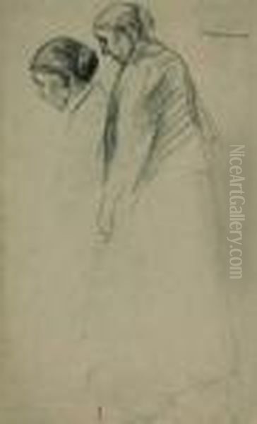 Zwei Studien Einer Stehenden Frau Nach Links. Verso: Mann Im Oil Painting by Max Liebermann