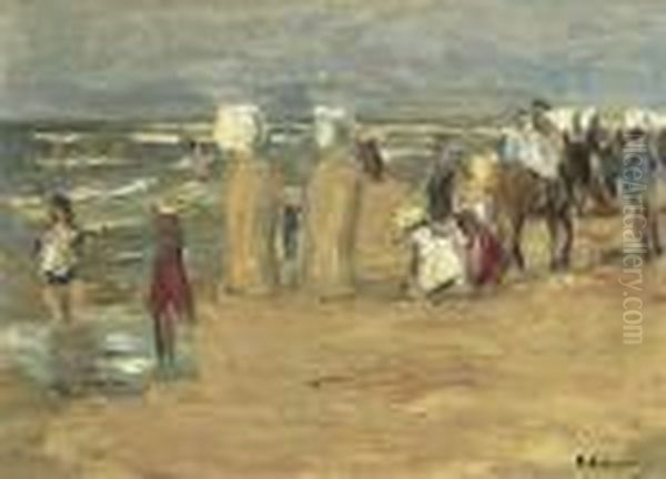 Badestrand In Scheveningen Mit Reitesel, Strandkorben Und Spielenden Kindern. 1899. Oil Painting by Max Liebermann