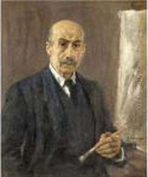 Selbstbildnis Im Anzug Neben Der
 Staffelei (self-portrait Wearing A Suit Standing Next To The Easel) Oil Painting by Max Liebermann
