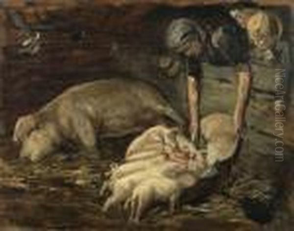 Schweinekoben - Wochenstube Oil Painting by Max Liebermann