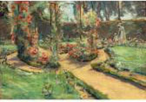 Der Rosengarten In Wannsee Mit 
Der Tochter Und Der Enkelin Des Kunstlers (the Rose Garden In Wannsee 
With The Artist's Daughter And Grand-daughter) Oil Painting by Max Liebermann