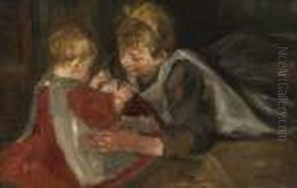 Spielende Kinder - Interieur Mit
 Zwei Kleinen Madchen Oil Painting by Max Liebermann