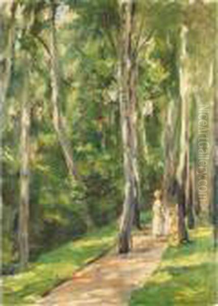 Die Birkenallee Im Wannseegarten
 Nach Westen (alley Of Birches In The Wannsee Garden To The West) Oil Painting by Max Liebermann