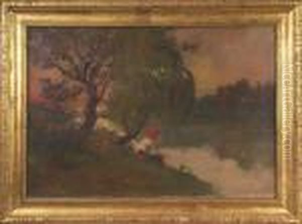 Paesaggio Fluviale Con Pescatore Oil Painting by Ulvi Liegi