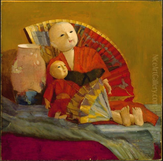 Japanese Dolls and Fan Oil Painting by Paul Peel