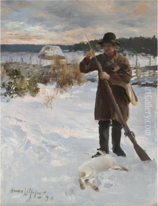 Vardshusarn, Allmogejagare I 
Snolandskap (vardshusarn, Peasant Hunter In Winter Landscape) Oil Painting by Bruno Andreas Liljefors