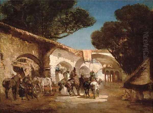 Saddling up at the stables, an Arab street Oil Painting by Alberto Pasini