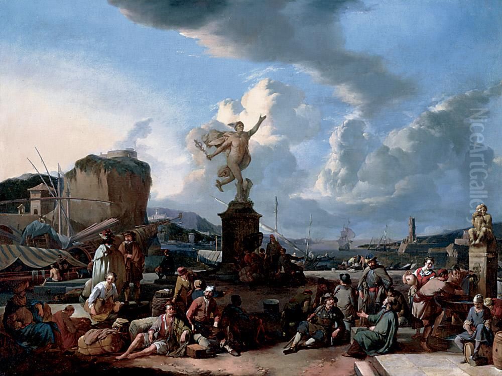 Harbor Scene Oil Painting by Johannes Lingelbach